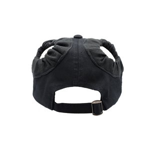 Hand-tailored black youth baseball cap with scrunchies for space buns and pigtails hairstyles 