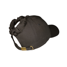 Load image into Gallery viewer, Hand-tailored black women’s baseball cap with scrunchie for ponytail and top knot hairstyles 