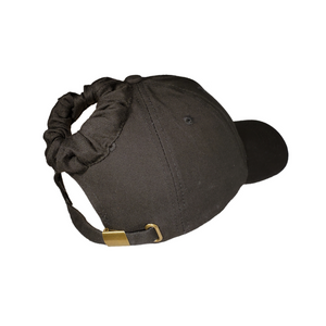 Hand-tailored black women’s baseball cap with scrunchie for ponytail and top knot hairstyles 