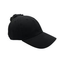 Load image into Gallery viewer, Hand-tailored black women’s baseball cap with scrunchie for ponytail and top knot hairstyles 