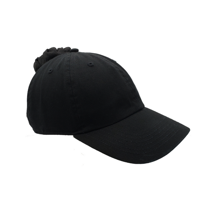 Hand-tailored black women’s baseball cap with scrunchie for ponytail and top knot hairstyles 