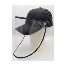Load image into Gallery viewer, Hand-tailored black women’s baseball cap with removable face shield and scrunchies for space buns and pigtails hairstyles 
