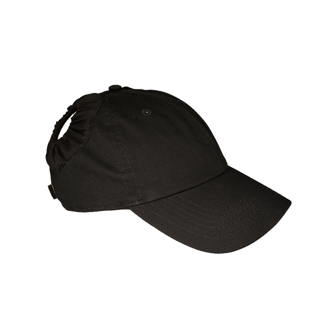 Black hand-tailored baseball cap for space buns and pigtails hairstyles