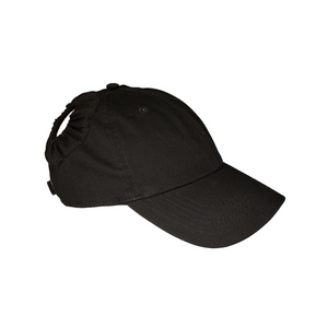 Hand-tailored black youth baseball cap with scrunchies for space buns and pigtails hairstyles 