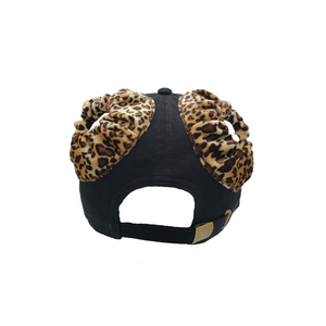 Hand-tailored black women’s baseball cap with leopard print scrunchies for space buns and pigtails hairstyles 