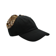 Load image into Gallery viewer, Hand-tailored black women’s baseball cap with leopard print scrunchies for space buns and pigtails hairstyles 