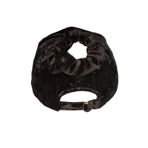 Hand-tailored black velvet women’s baseball cap with scrunchie for ponytail and updo hairstyles 