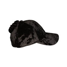 Load image into Gallery viewer, Hand-tailored black velvet women’s baseball cap with scrunchie for ponytail and updo hairstyles 