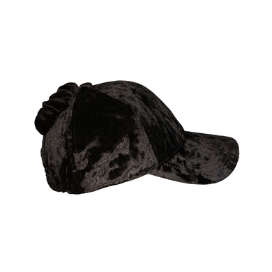 Hand-tailored black velvet women’s baseball cap with scrunchie for ponytail and updo hairstyles 