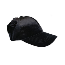 Load image into Gallery viewer, Hand-tailored black velvet women’s baseball cap with black velvet scrunchies for space buns and pigtails hairstyles 