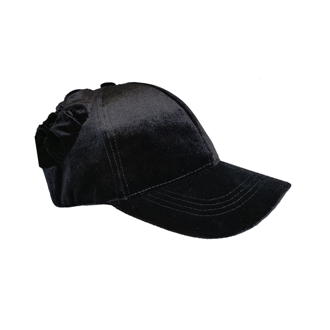 Hand-tailored black velvet women’s baseball cap with black velvet scrunchies for space buns and pigtails hairstyles 