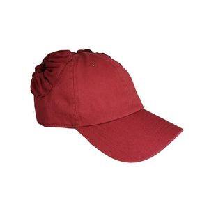 Maroon hand-tailored baseball cap for space buns and pigtails hairstyles