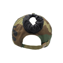 Load image into Gallery viewer, Camo high ponytail baseball cap with black scrunchie for high ponytail and top knot hairstyles 
