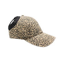 Load image into Gallery viewer, Hand-tailored distressed leopard print women’s baseball cap with scrunchies for space buns and pigtails hairstyles