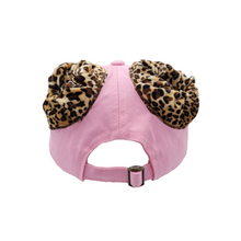 Load image into Gallery viewer, Hand-tailored pink youth baseball cap with velvet leopard scrunchies for space buns and pigtails hairstyles 