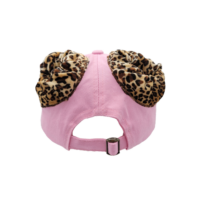 Hand-tailored pink youth baseball cap with velvet leopard scrunchies for space buns and pigtails hairstyles 