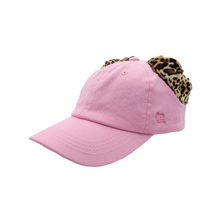 Load image into Gallery viewer, Hand-tailored pink youth baseball cap with velvet leopard scrunchies for space buns and pigtails hairstyles 