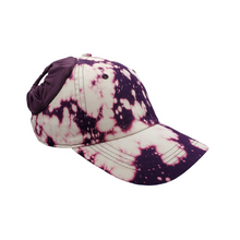 Load image into Gallery viewer, Hand-tailored purple acid washed women’s baseball cap with scrunchies for space buns and pigtails hairstyles