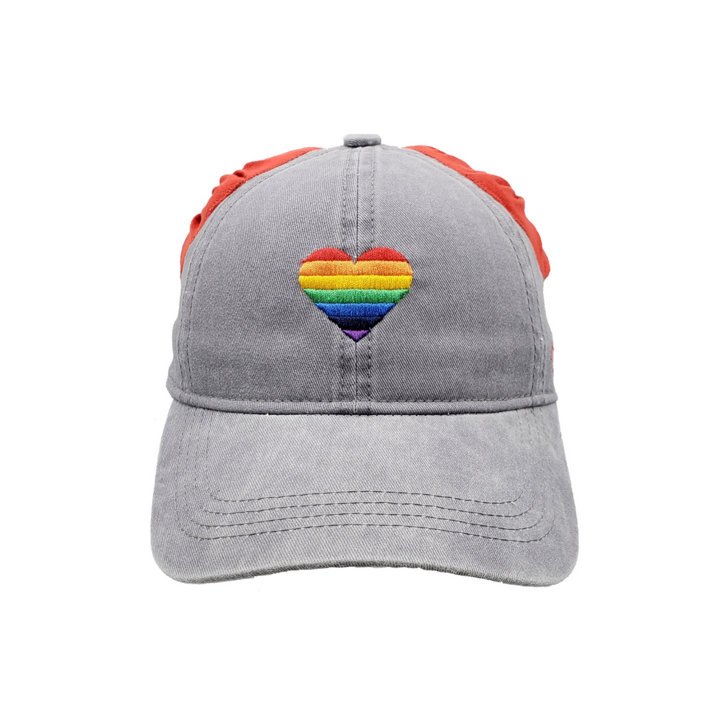  Hand-tailored Rainbow Heart on charcoal women’s baseball cap with red scrunchies for space buns and pigtails hairstyles 