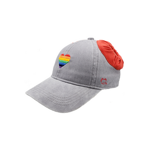  Hand-tailored Rainbow Heart on charcoal women’s baseball cap with red scrunchies for space buns and pigtails hairstyles 