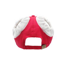 Load image into Gallery viewer, Hand-tailored red &quot;BAEWATCH&quot; women’s baseball cap with scrunchies for space buns and pigtails hairstyles 