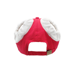 Hand-tailored red "BAEWATCH" women’s baseball cap with scrunchies for space buns and pigtails hairstyles 