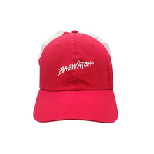 Load image into Gallery viewer, Hand-tailored red &quot;BAEWATCH&quot; women’s baseball cap with scrunchies for space buns and pigtails hairstyles 