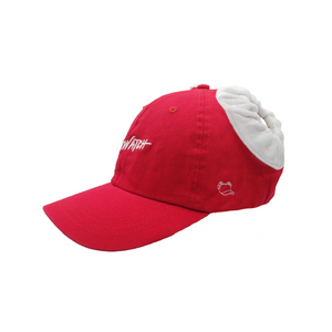 Hand-tailored red "BAEWATCH" women’s baseball cap with scrunchies for space buns and pigtails hairstyles 