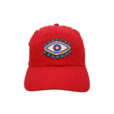 Hand-tailored red women’s baseball cap with evil eye patch and scrunchies for space buns and pigtails hairstyles 