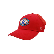 Load image into Gallery viewer, Hand-tailored red women’s baseball cap with evil eye patch and scrunchies for space buns and pigtails hairstyles 
