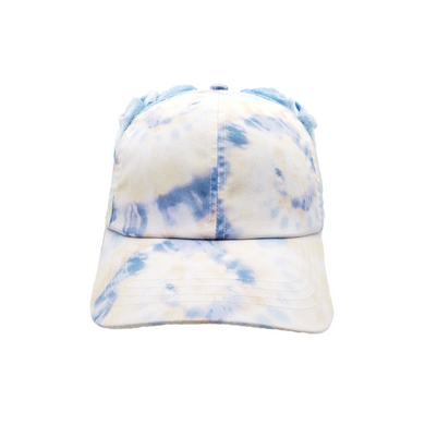 Hand-tailored sky blue tie dye women’s baseball cap with scrunchies for space buns and pigtails hairstyles 