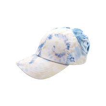 Load image into Gallery viewer, Hand-tailored sky blue tie dye women’s baseball cap with scrunchies for space buns and pigtails hairstyles 