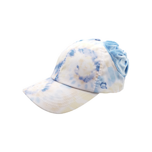 Hand-tailored sky blue tie dye women’s baseball cap with scrunchies for space buns and pigtails hairstyles 