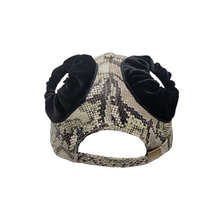 Load image into Gallery viewer, Hand-tailored snake print women’s baseball cap with black velvet scrunchies for space buns and pigtails hairstyles 