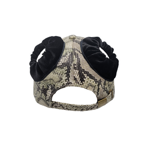 Hand-tailored snake print women’s baseball cap with black velvet scrunchies for space buns and pigtails hairstyles 