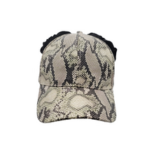 Load image into Gallery viewer, Hand-tailored snake print women’s baseball cap with black velvet scrunchies for space buns and pigtails hairstyles 