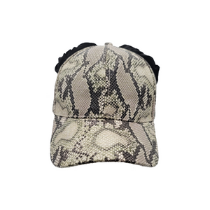 Hand-tailored snake print women’s baseball cap with black velvet scrunchies for space buns and pigtails hairstyles 