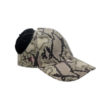 Load image into Gallery viewer, Hand-tailored snake print women’s baseball cap with black velvet scrunchies for space buns and pigtails hairstyles 