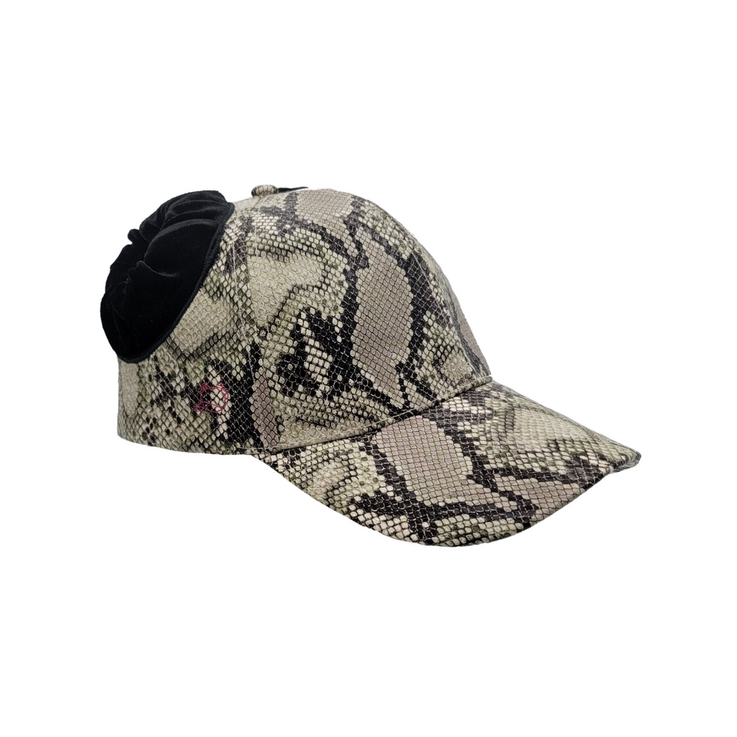 Hand-tailored snake print women’s baseball cap with black velvet scrunchies for space buns and pigtails hairstyles 