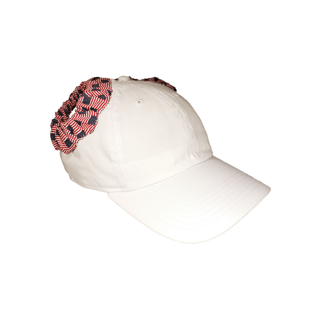 Hand-tailored white women’s baseball cap with USA scrunchies for space buns and pigtails hairstyles 