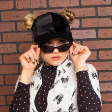 Load image into Gallery viewer, Hand-tailored black velvet women’s baseball cap with black velvet scrunchies for space buns and pigtails hairstyles 